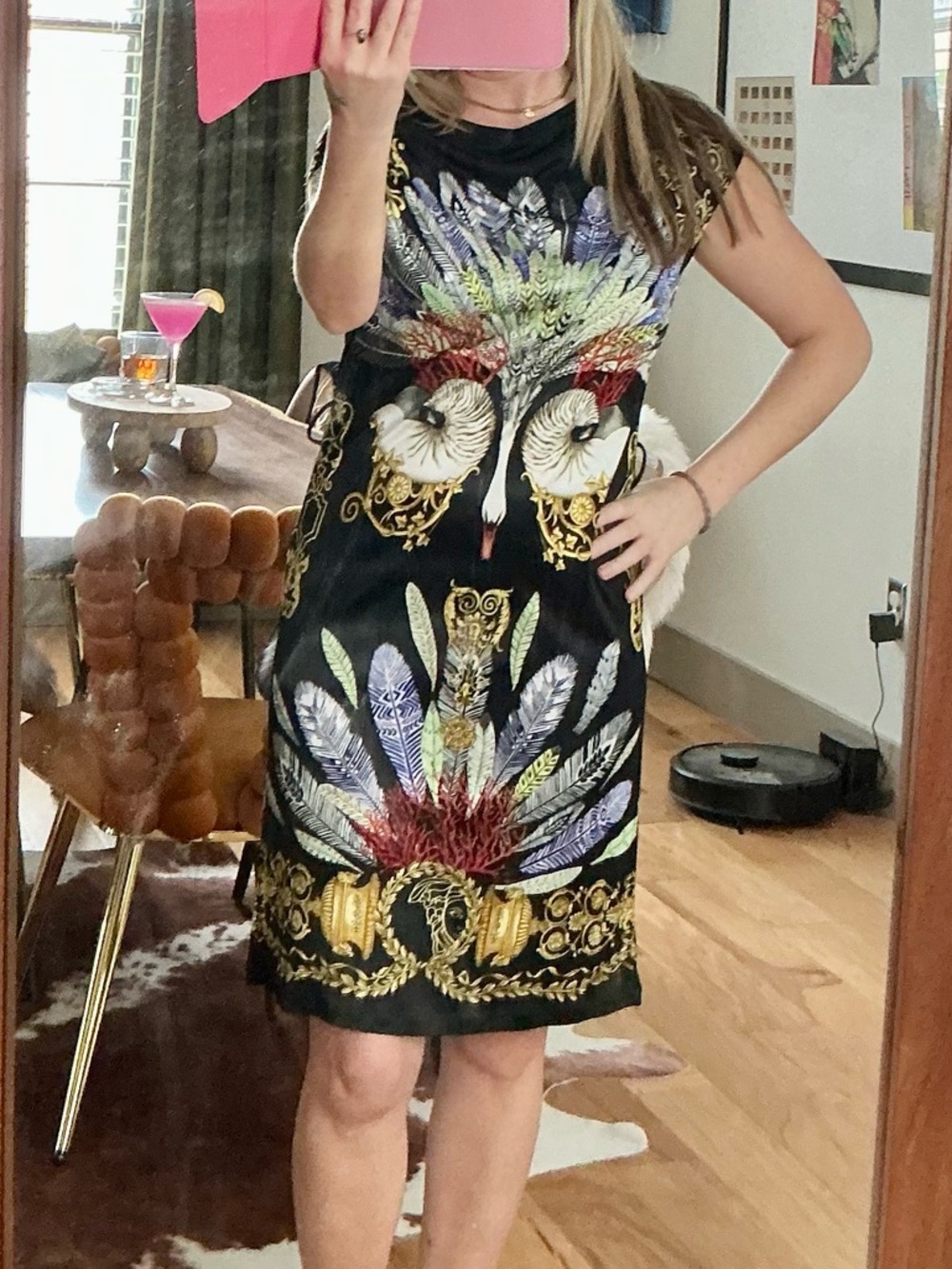 Versace Collection Black Feather & Baroque Print Short Sleeve Knee Length Dress - Picture 3 of 8